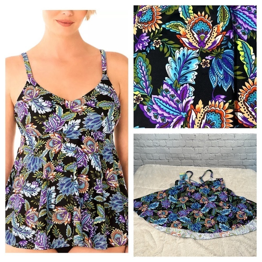 Swim Solutions Tankini Top Swimsuit size 10 Boho Paisley V Neck Underwire NEW